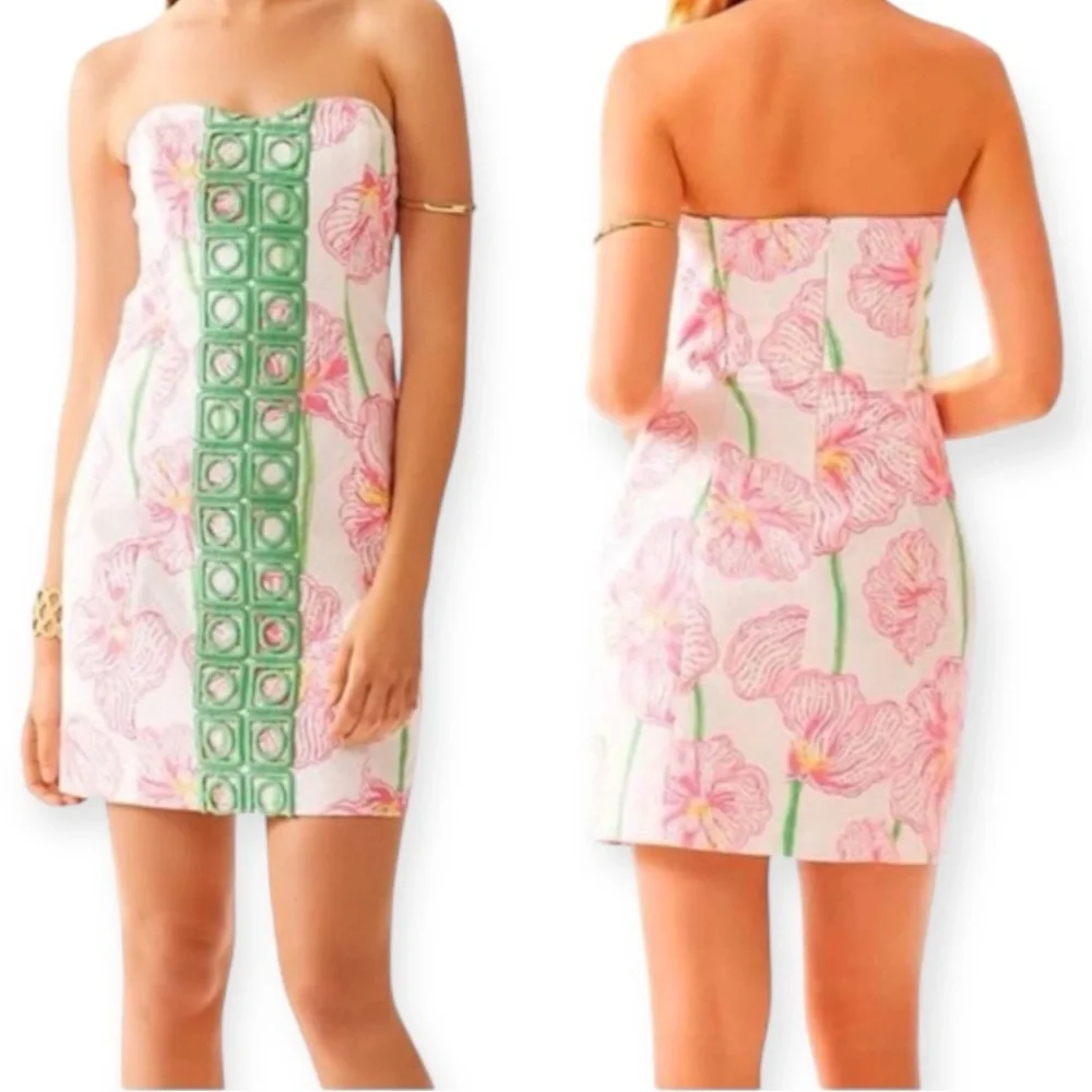 Lilly Pulitzer Pink Floral Strapless Dress with Green Crochet Trim - Picture 4 of 4